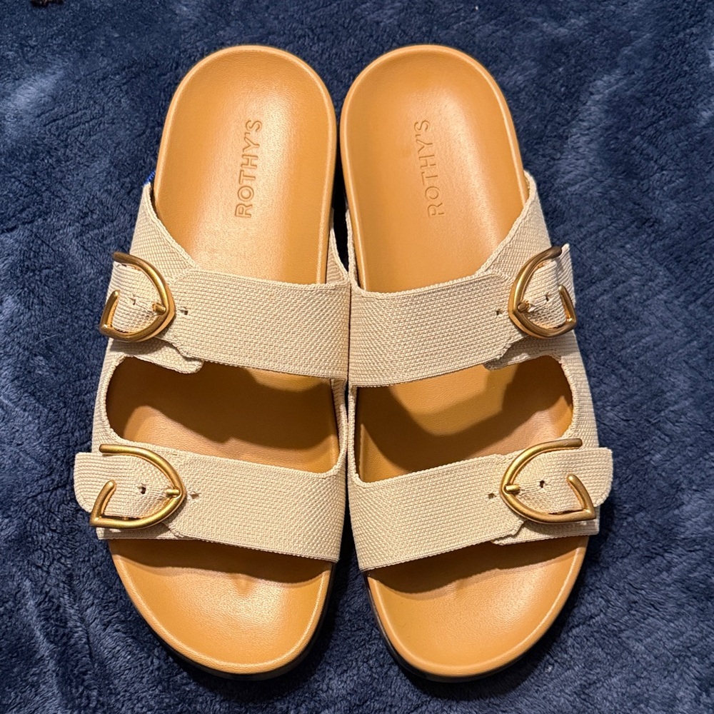 Rothy's Tan Slide Sandals with Gold Buckles